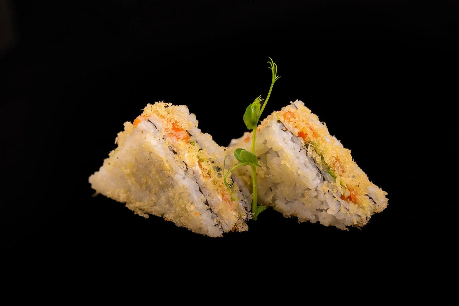 Zwei paniert-gestampfte Sushi-Stücke mit Gemüse und einer kleinen Pflanze als Dekoration