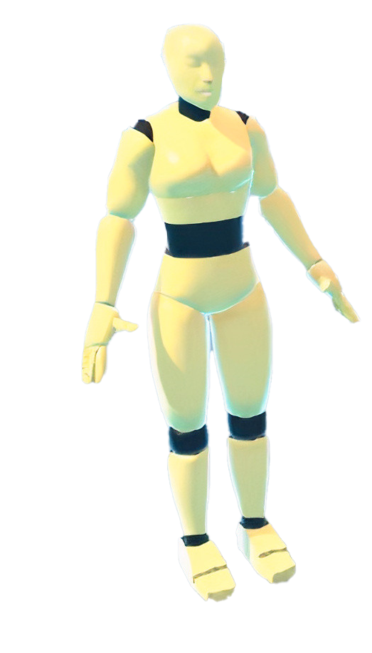 Ein humanoider Roboter mit einem gelben, menschenähnlichen Körper, schwarzen Akzenten an den Schultern, Taille, Knien und Füßen.