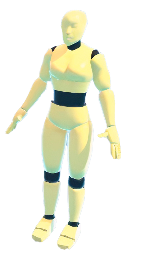 Ein humanoider Roboter mit menschlicher Figur, gelb-weißer Körper, schwarze Akzente an Armen, Beinen und Taille, steht auf flachen Schuhen.