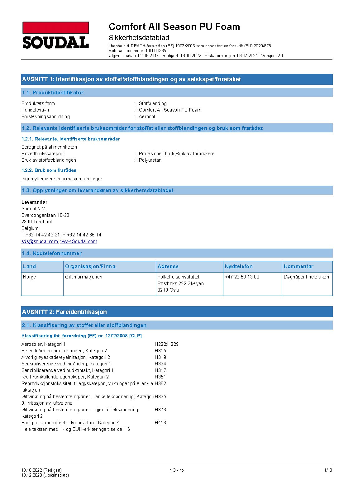 Safety data sheet for Soudal Comfort All Season PU Foam, with product details, supplier information, and classification data in Norwegian.