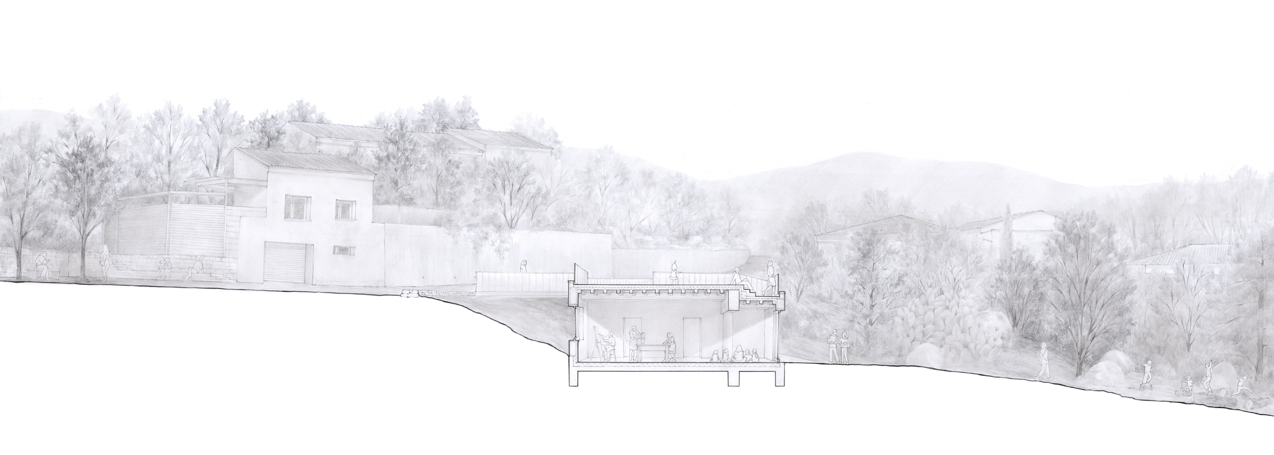 coupe perspective, lumière et contraste, projet d'une salle communale, toiture accessible, espace multifonctionnel, lien avec le paysage lointain, vue dégagée, horizons, paysages habités, sérendipité, seuil