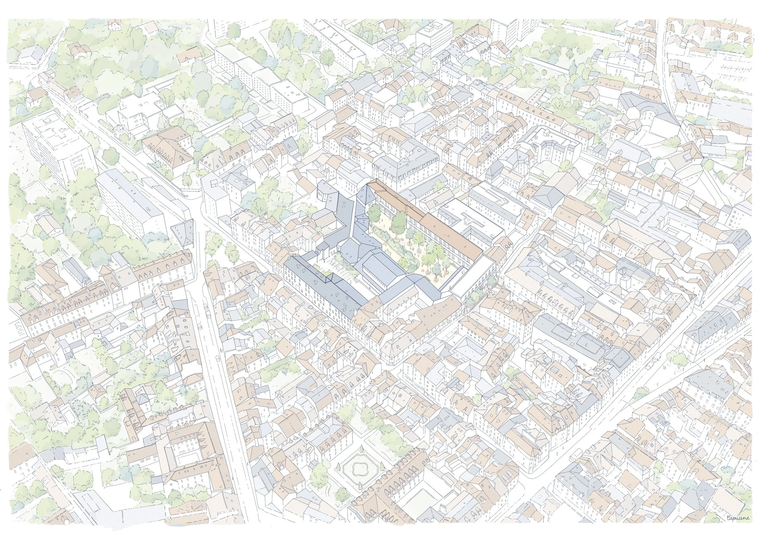 axonométrie ou vul à vol d'oiseau d'un projet de concours, appel d'offre, insertion urbaine, paysage, trame verte, toitures, paysage urbain, projet de ville, échelle urbaine