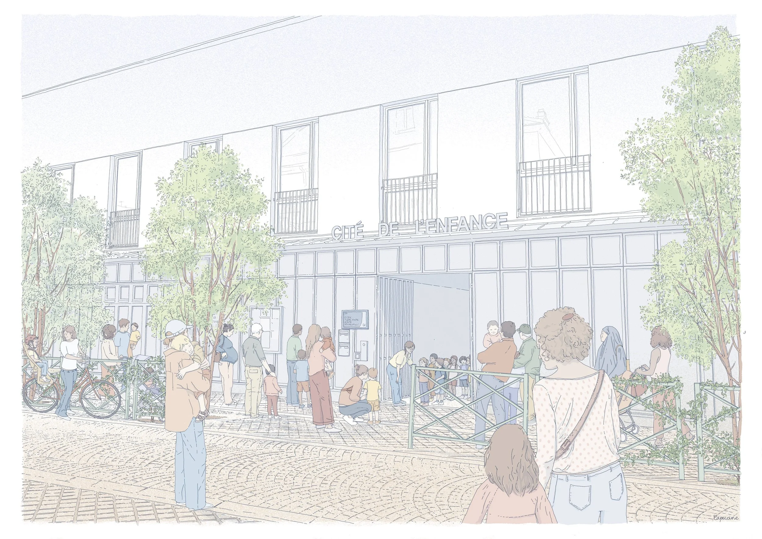 perspective de rendu pour un appel d'offre, espace public piétonnisation, végétations, revêtement sol pavé, école primaire et maternelle, mobilité douce