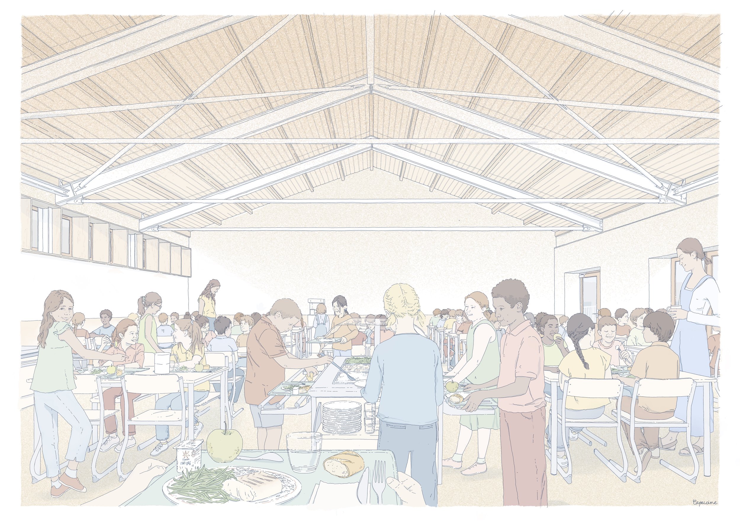 perspective d'ambiance, vue à hauteur d'homme, matérialité, atmosphère conviviale et joyeuse, illustration colorée, mise en situation, illustrer des usages quotidiens