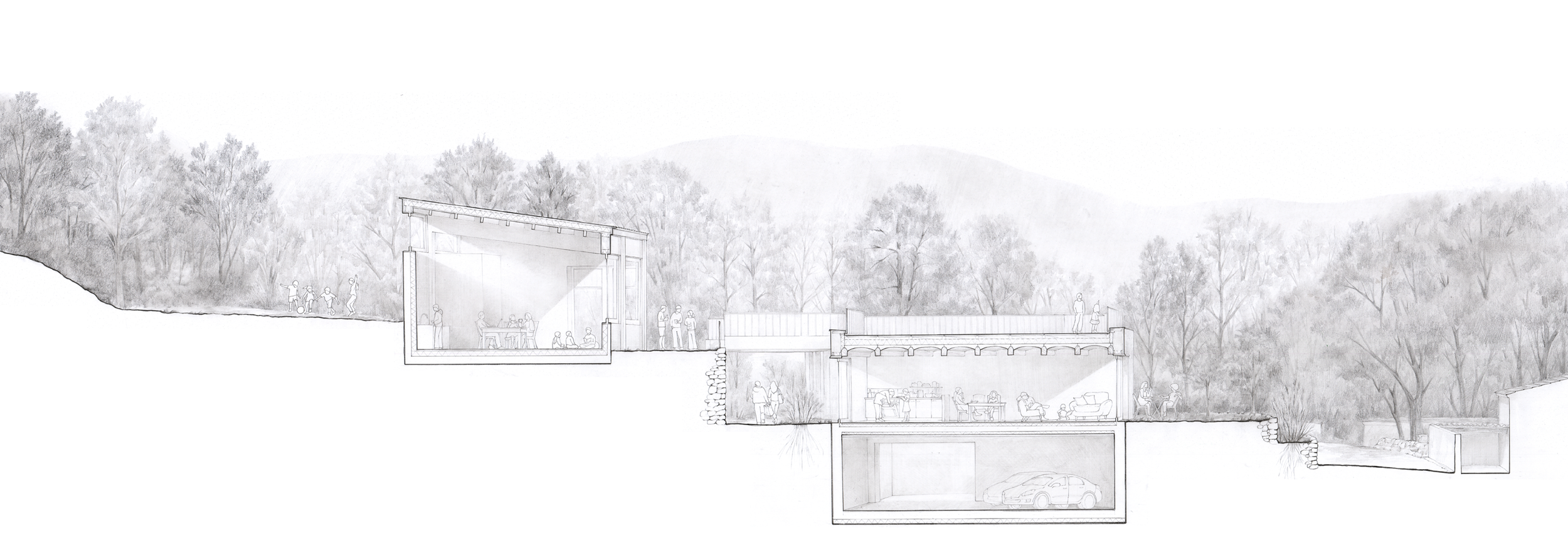 coupe perspective réhabilitation, atmosphère chaleureuse et intime, isolation thermique, isolation phonique, matériaux biosourcés, esapce partagés, terrasse