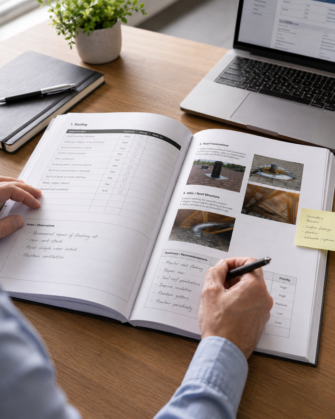 Open inspection report and notes about roofing with photographs and recommendations, on a wooden desk alongside a laptop, black notebook, pen, and a potted plant.