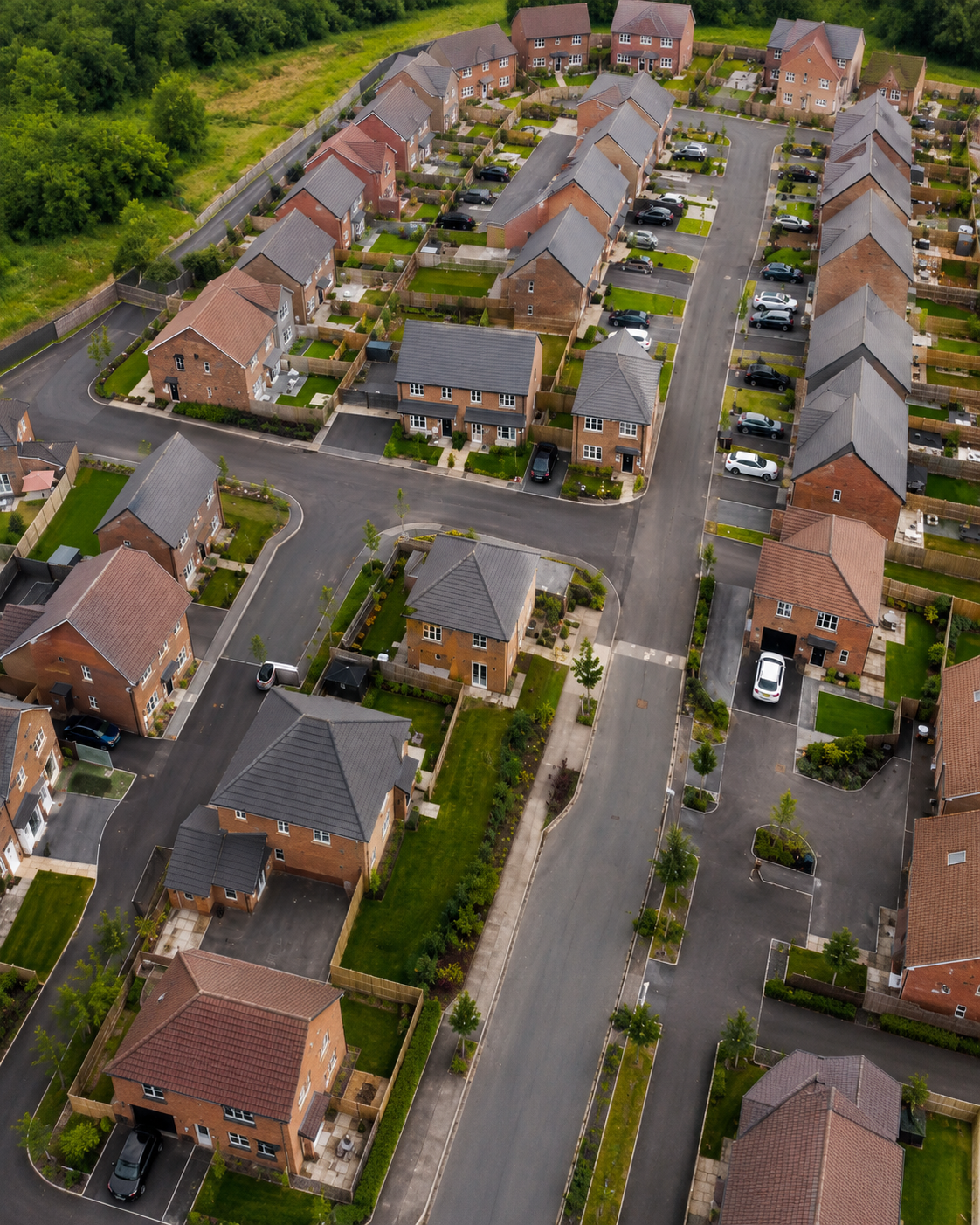 Aerial view of a suburban neighborhood with multiple houses, driveways, and parked cars, surrounded by greenery.