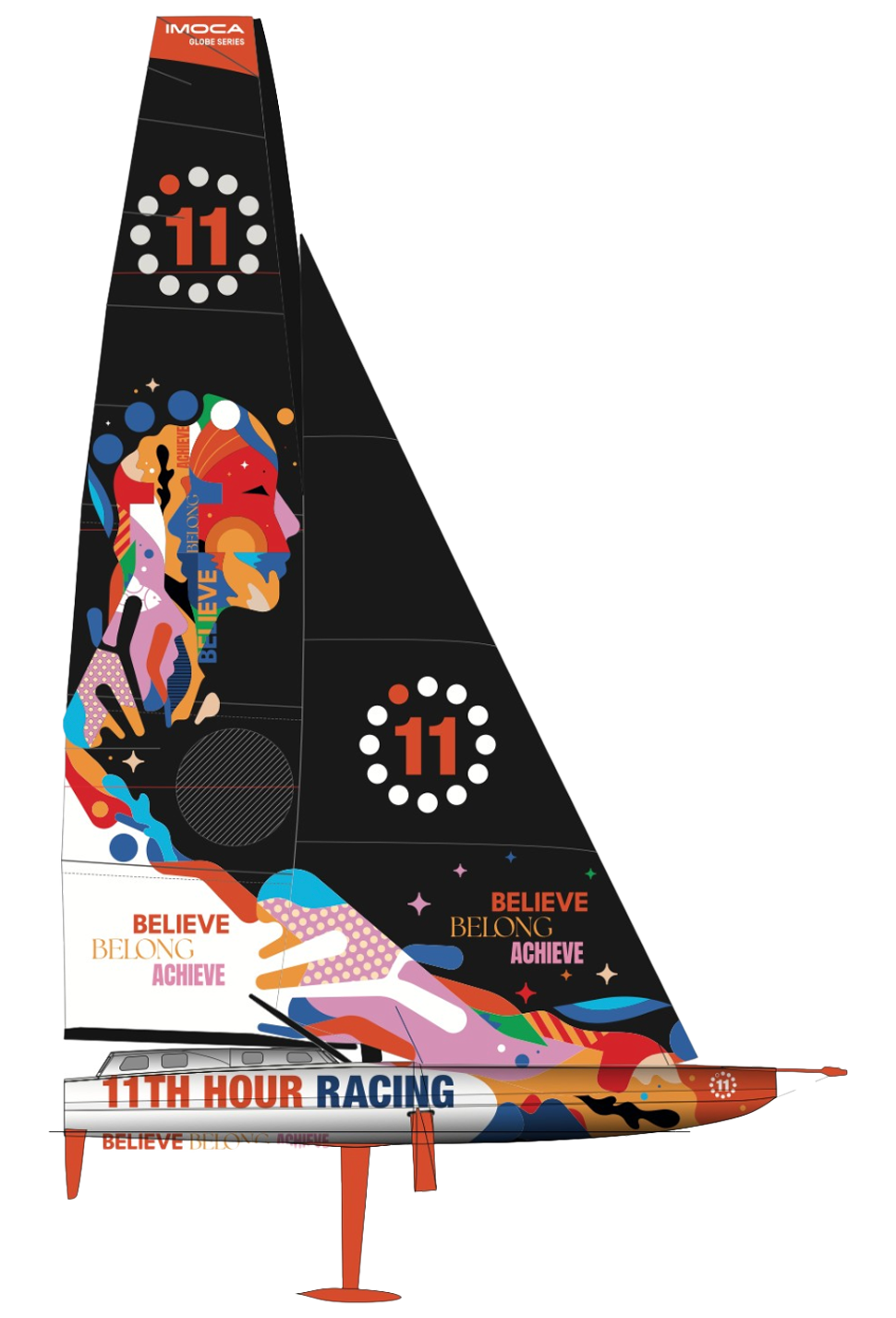 A sailboat with colorful graphics and motivational words, featuring a large sail with the number 11 and a rainbow profile of a person, and a hull with the text '11TH HOUR RACING'.
