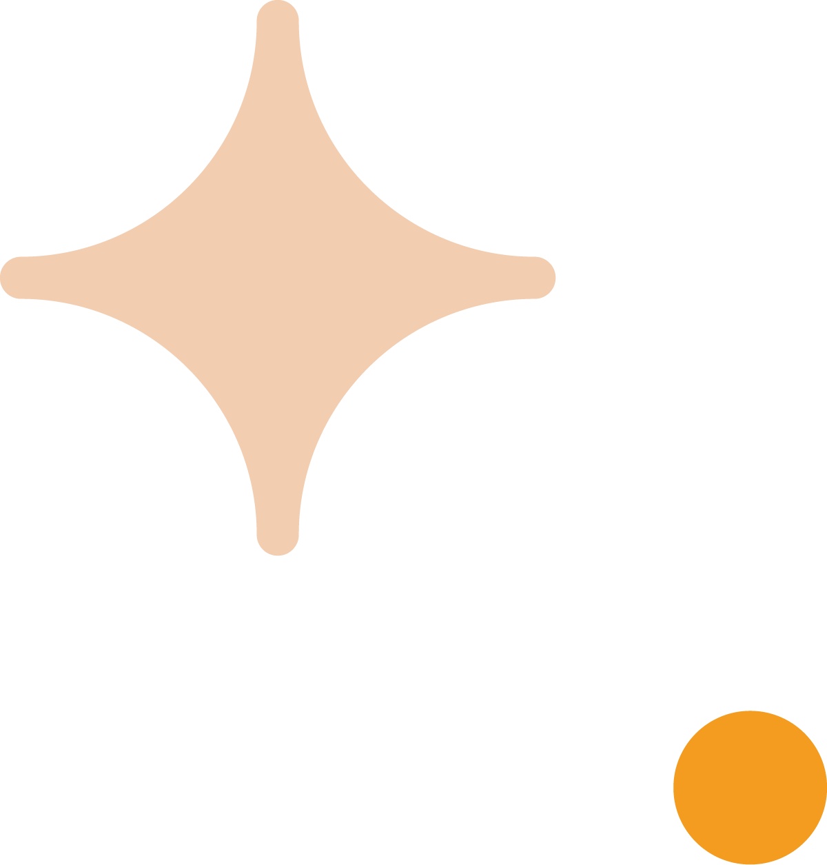 A black background with a beige star-shaped figure, an orange circle in the bottom right corner, and the words 'Hello World' in white text.