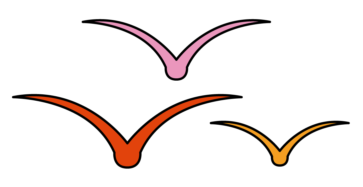 Three stylized birds in flight, colored pink, orange, and yellow, on a black background.