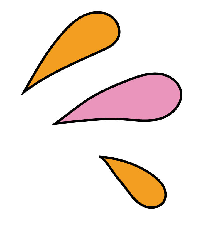 Abstract design with black background, featuring orange and pink elongated teardrop shapes.