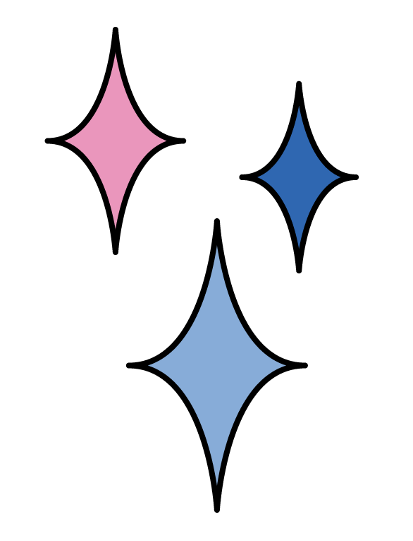 Three stylized stars in pink, blue, and dark blue on a black background.
