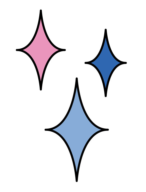 Three colorful star-shaped sparkles in pink, blue, and light blue against a black background.