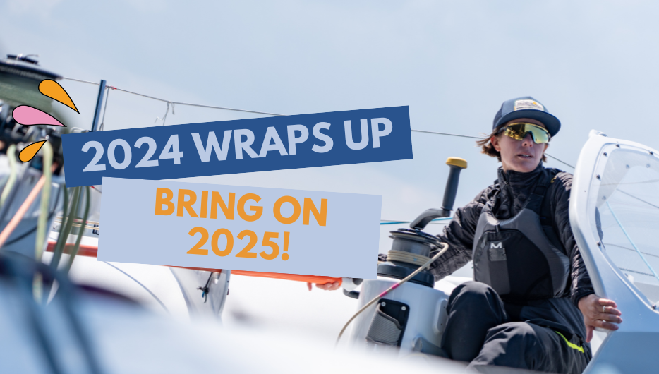 Francesca Clapcich helms the Ocean Fifty *UpWind* by MerConcept and text: "2024 Wraps Up—Bring on 2025!"