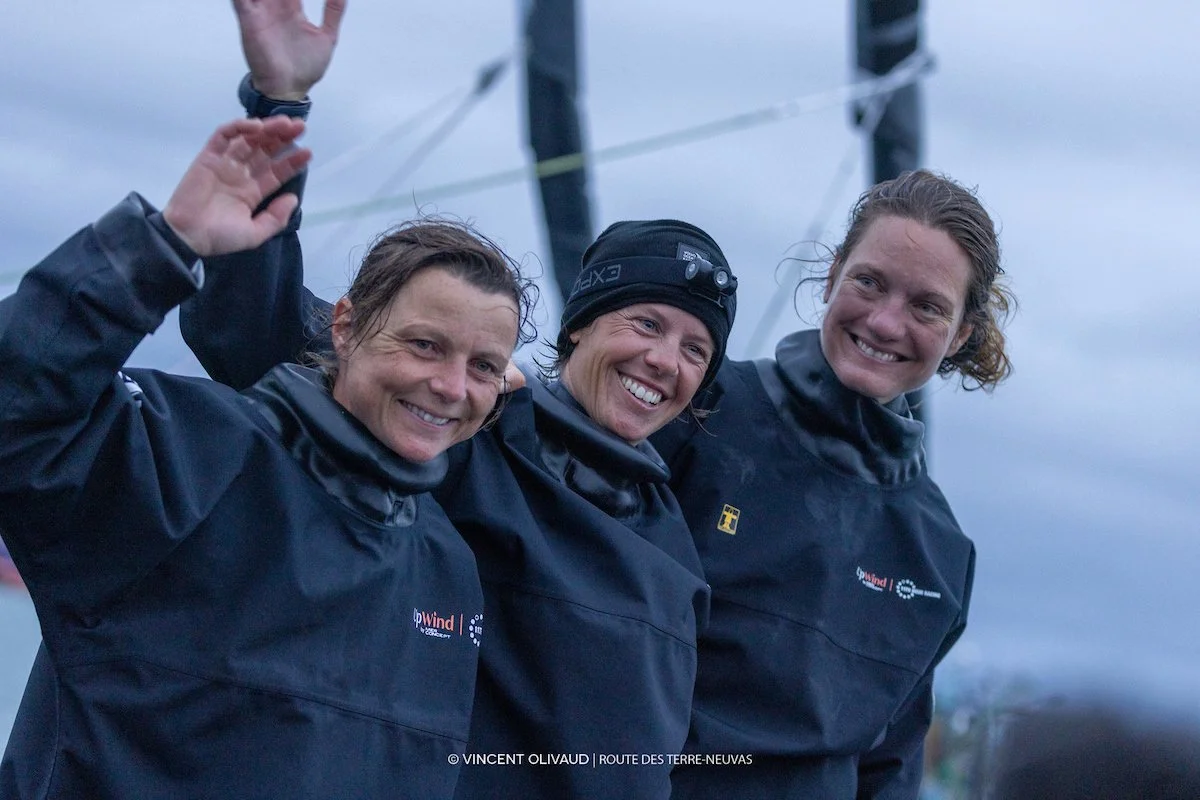 Anne-Claire Le Berre, Francesca Clapcich and Elodie-Jane Mettraux celebrating at the end of the Route des Terre-Neuvas Race