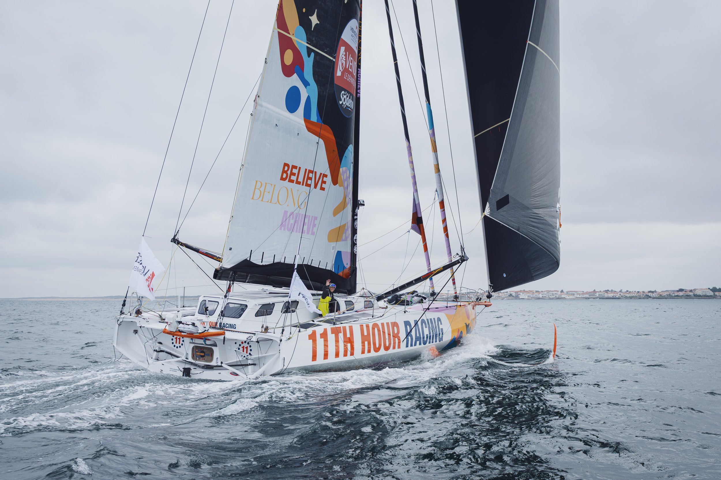 Francesca Clapcich onboard 11th Hour Racing crosses the finish line of the Vendée Arctique in fifth place
