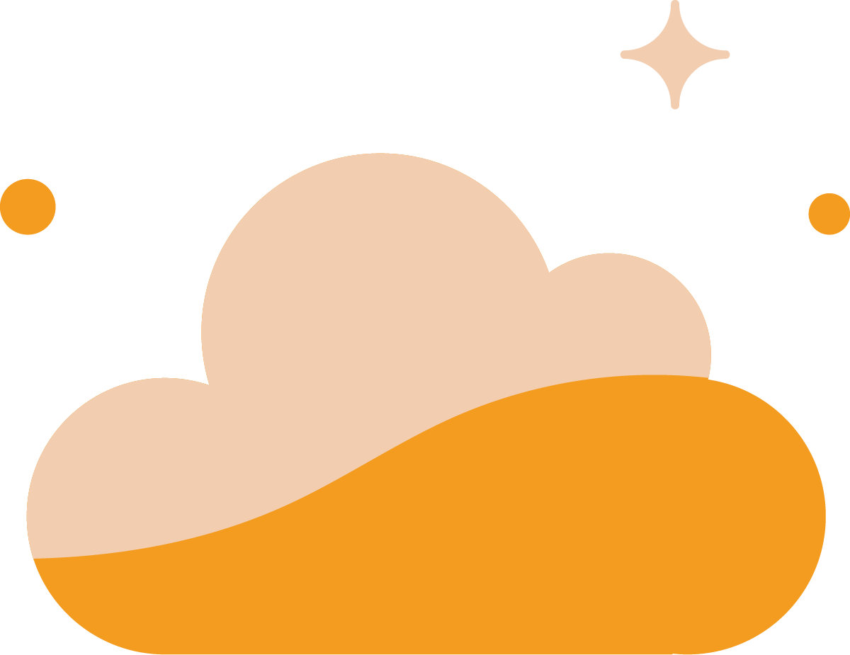 Illustrazione digitale stilizzata di un tramonto o di un'alba su una nuvola, nei toni dell'arancione e del beige, con dettagli a forma di stelle e puntini.