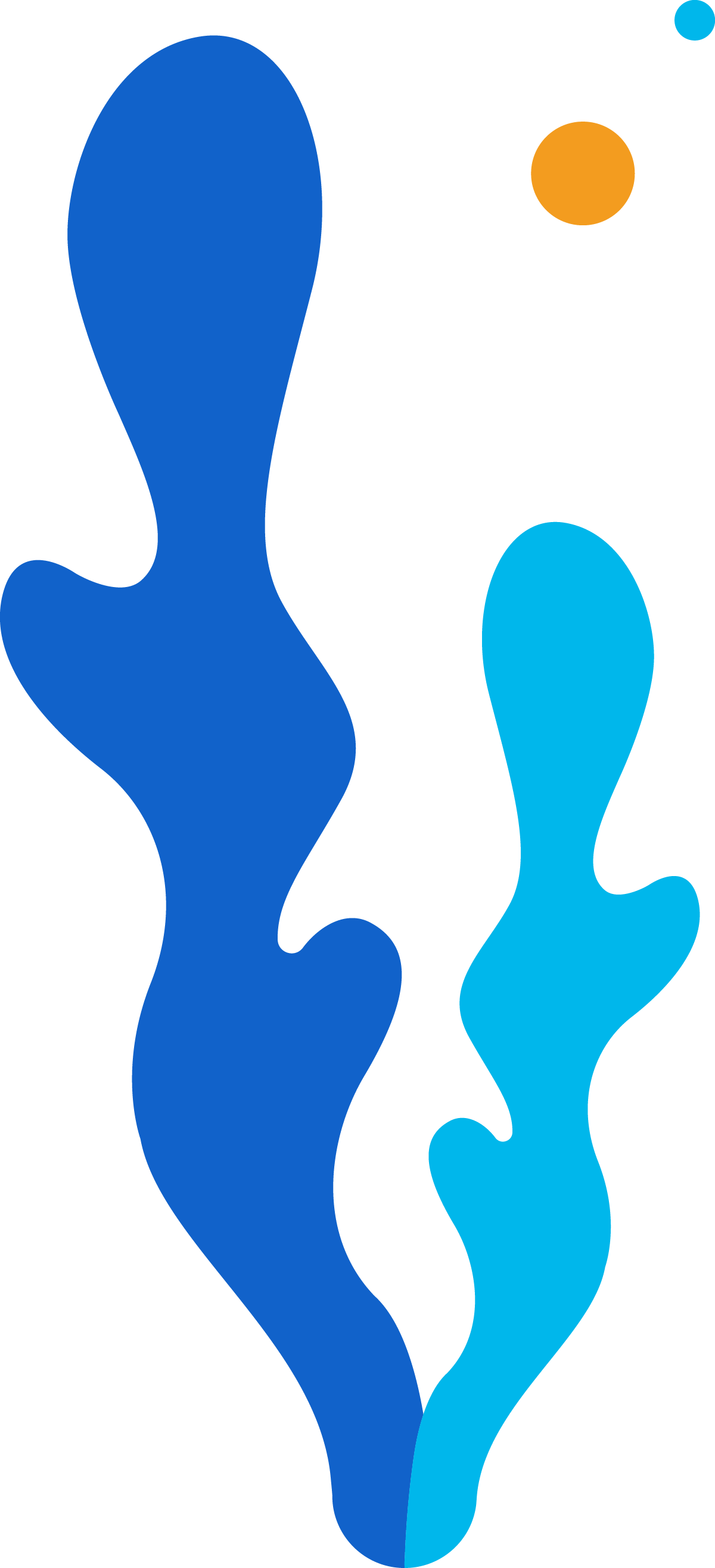 Illustrazione astratta con grandi forme blu ondulate, un piccolo cerchio arancione e un piccolo cerchio azzurro su sfondo nero.