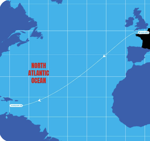 Map showing a sailing route from Guadalupe (Mexico) to Saint Malo (France) across the North Atlantic Ocean.