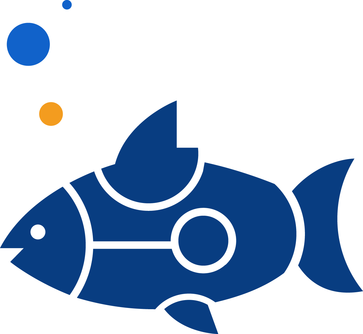Un'illustrazione stilizzata di un pesce con elementi meccanici o robotici, tra cui giunture circolari e segmenti, di colore blu scuro, con due piccoli cerchi che rappresentano delle bolle sopra di esso.
