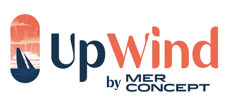 Logo for Upwind by Moap Gorcet featuring a sunset or sunrise with clouds and two sailboats on water.