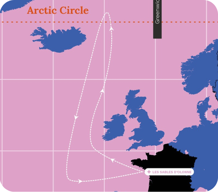 Map of Europe showing a sailing route from Les Sables d'Olonne in France to near the Arctic Circle, with dashed lines and arrows indicating the path, and parts of the United Kingdom, Ireland, and northern Europe visible.