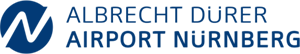Logo des Flughafens Nürnberg, bestehend aus einem blauen Symbol und dem Text 'ALBRECHT DÜRER AIRPORT NÜRNBERG'