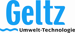 Logo der Firma Geltz Umwelt-Technologie mit blauer Schrift und Wellenmuster