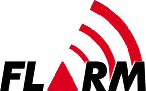 Logo mit der Aufschrift 'FLARM' und einem roten Warnzeichen mit aufsteigenden Signalwellen