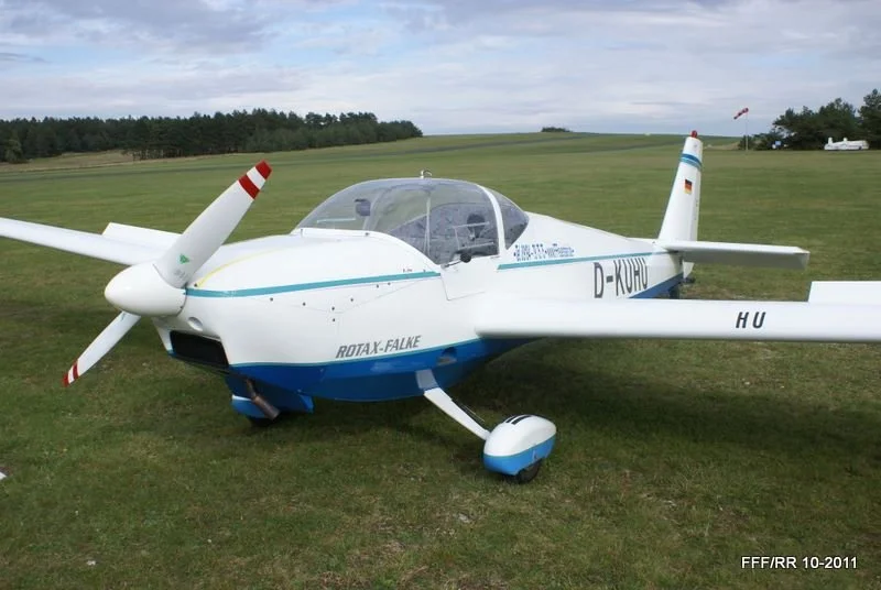 Kleines Motorflugzeug auf einer grünen Wiese, mit Deutschland-Flagge an der Vertikalruder. Der Himmel ist bewölkt.