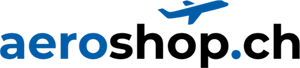 Logo der Webseite aero shop.ch mit blauer Flugzeuggrafik und schwarzen und blauen Schriftzug