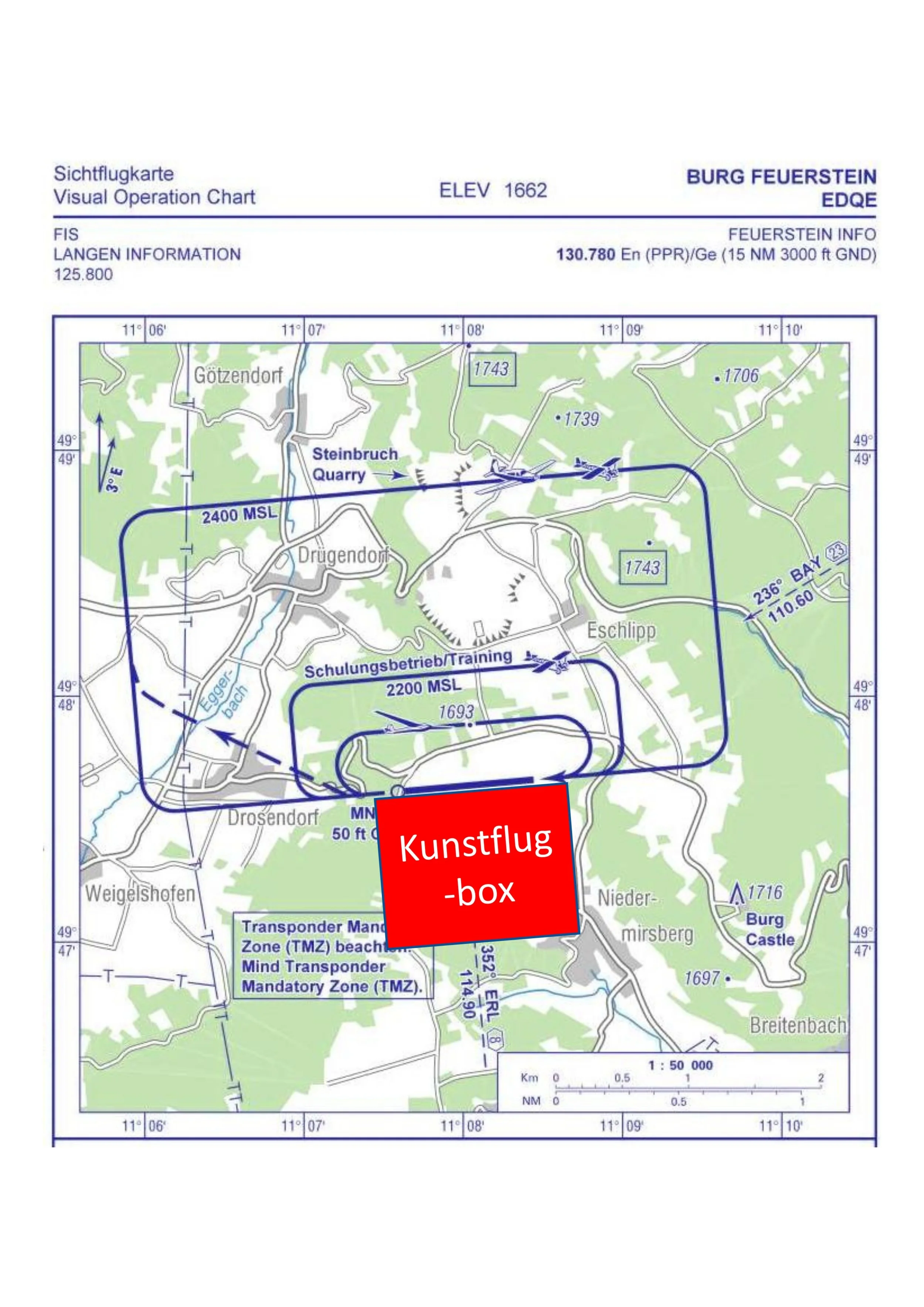 Karte mit Flugroute, Beschriftungen in Deutsch, mit rot hervorgehobenem Bereich "Kunstflug-box" und Zusatzinformationen zu Höhen und geografischen Details.