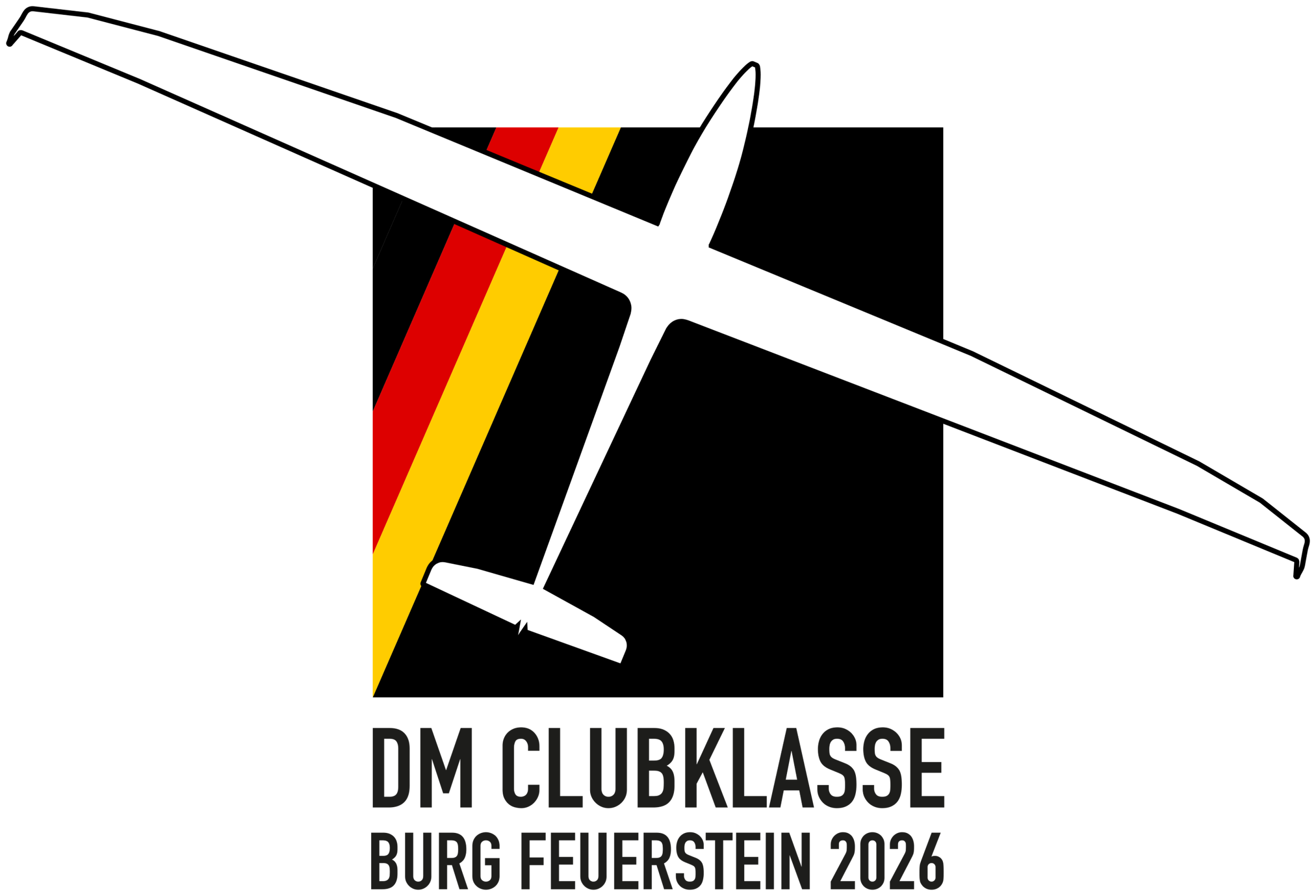 Das Logo der DM Clubklasse, bestehend aus einem stilisierten weißen Drachen auf schwarzem Hintergrund, mit roten und gelben Elementen, darunter der Text 'DM CLUBKLASSE BURG FEUERSTEIN 2026' in schwarzen Buchstaben.