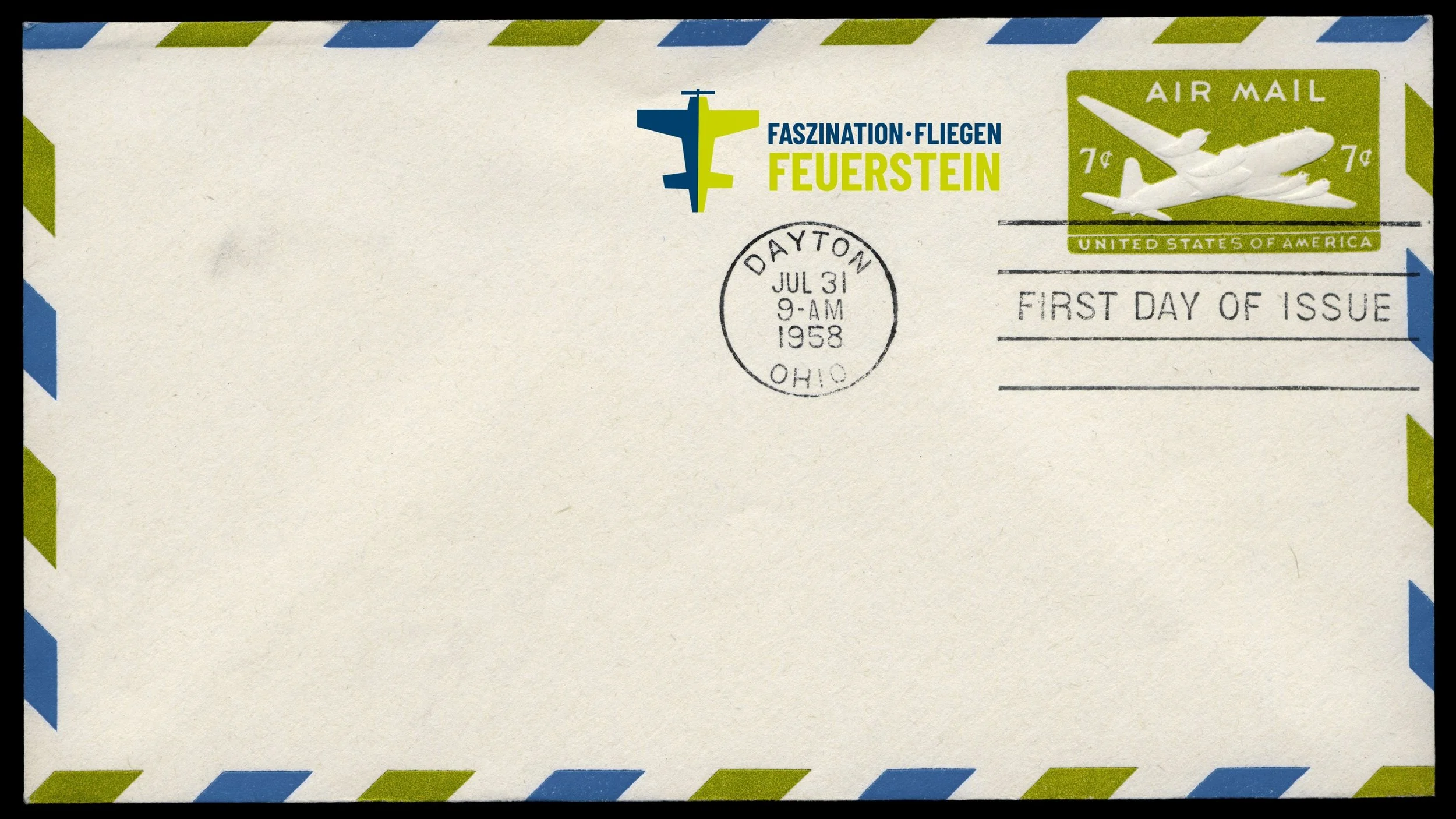 Ein Briefumschlag mit Aufkleber einer Fluggesellschaft und Stempel, datiert vom 31. Juli 1958, mit Stempel aus Dayton, Ohio.
