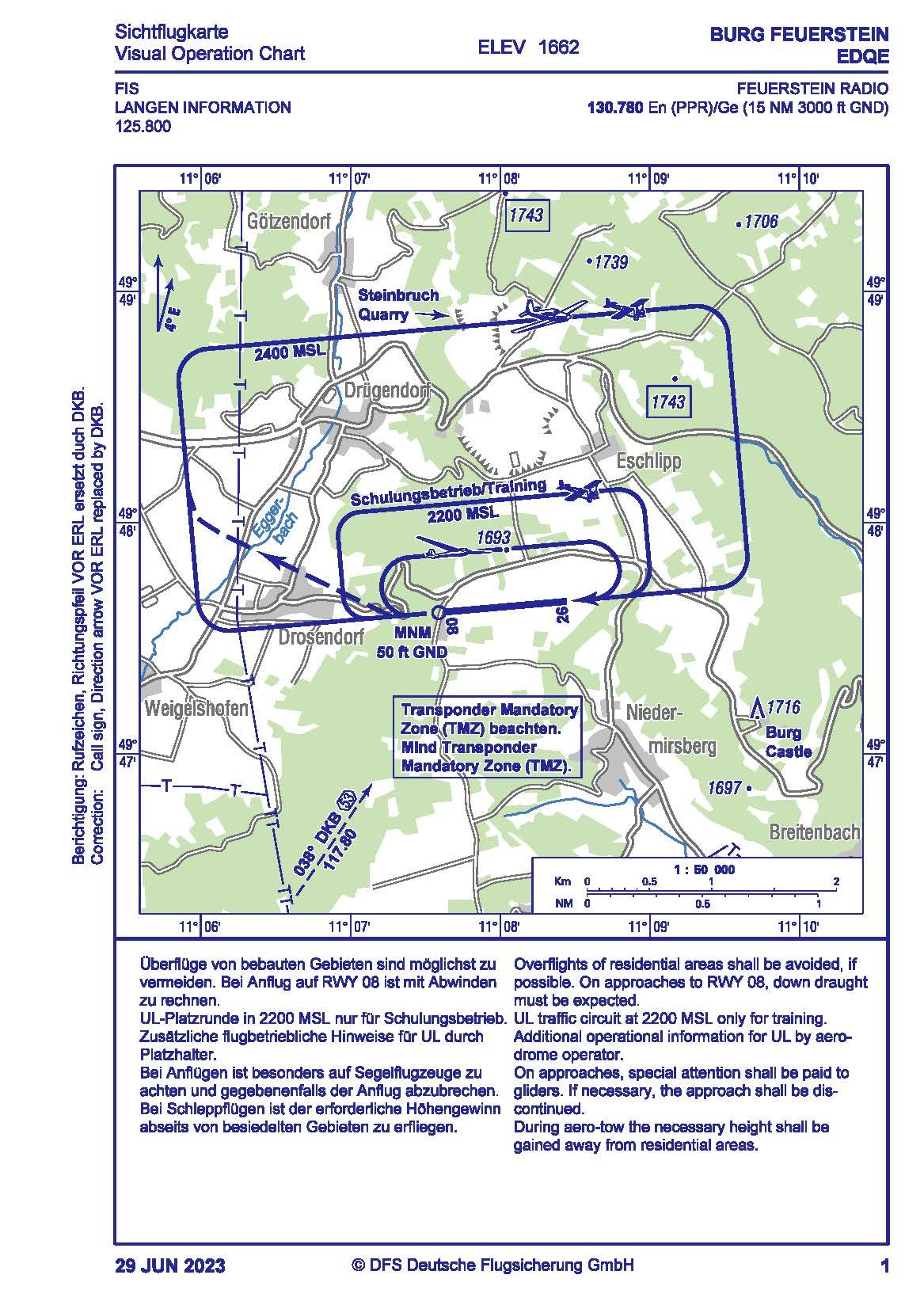 Flugverkehrskarte vom Burg Feuerstein, zeigt Flugrouten, Höhenangaben in Fuß, Flugplätze und besondere Hinweise für Flugzeugbesatzungen, einschließlich Transponderpflicht und Höhenangaben in Metern, mit deutschen und englischen Anweisungen.