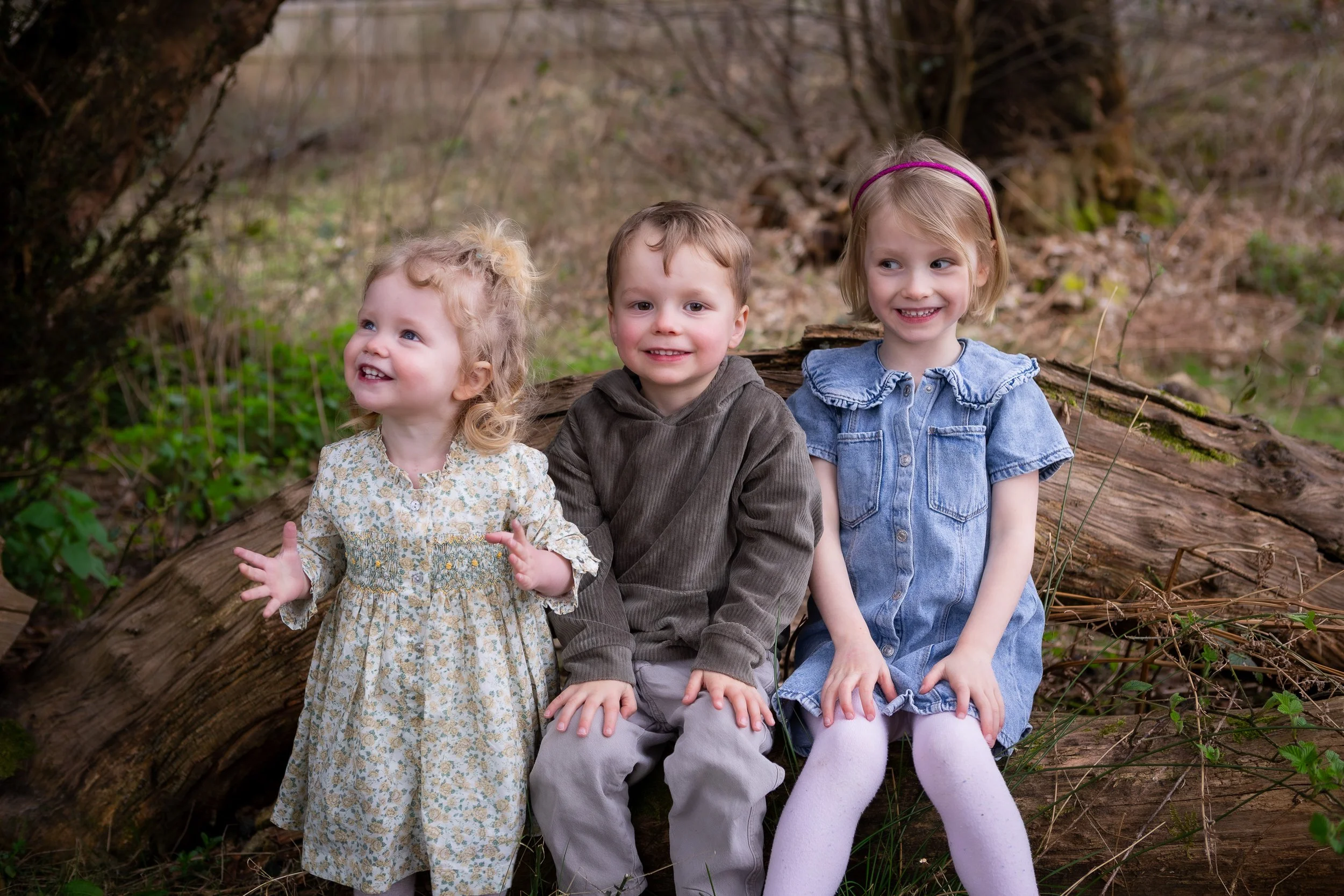 Three children sitting on a fallen log in a wooded area, smiling and looking happy, with ivy and small plants around them.