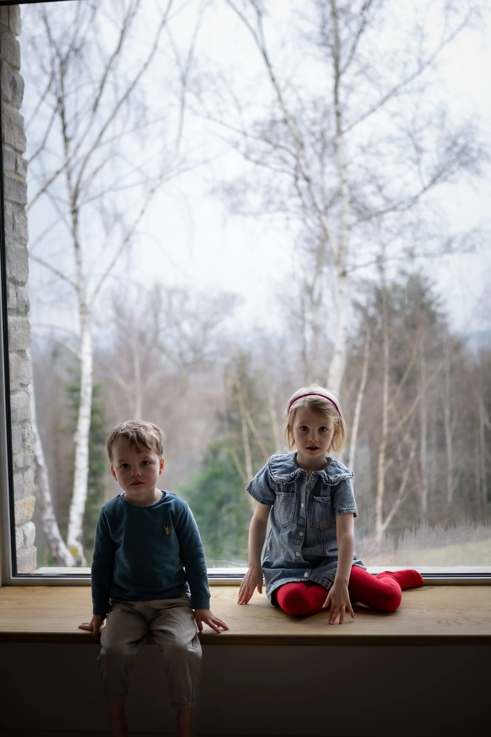 Two young children, a boy and a girl, sitting on a windowsill with a view of leafless trees outside. The boy is wearing a dark green sweater and khaki pants, sitting on the left. The girl is in a denim dress with red tights, sitting on the right, wit