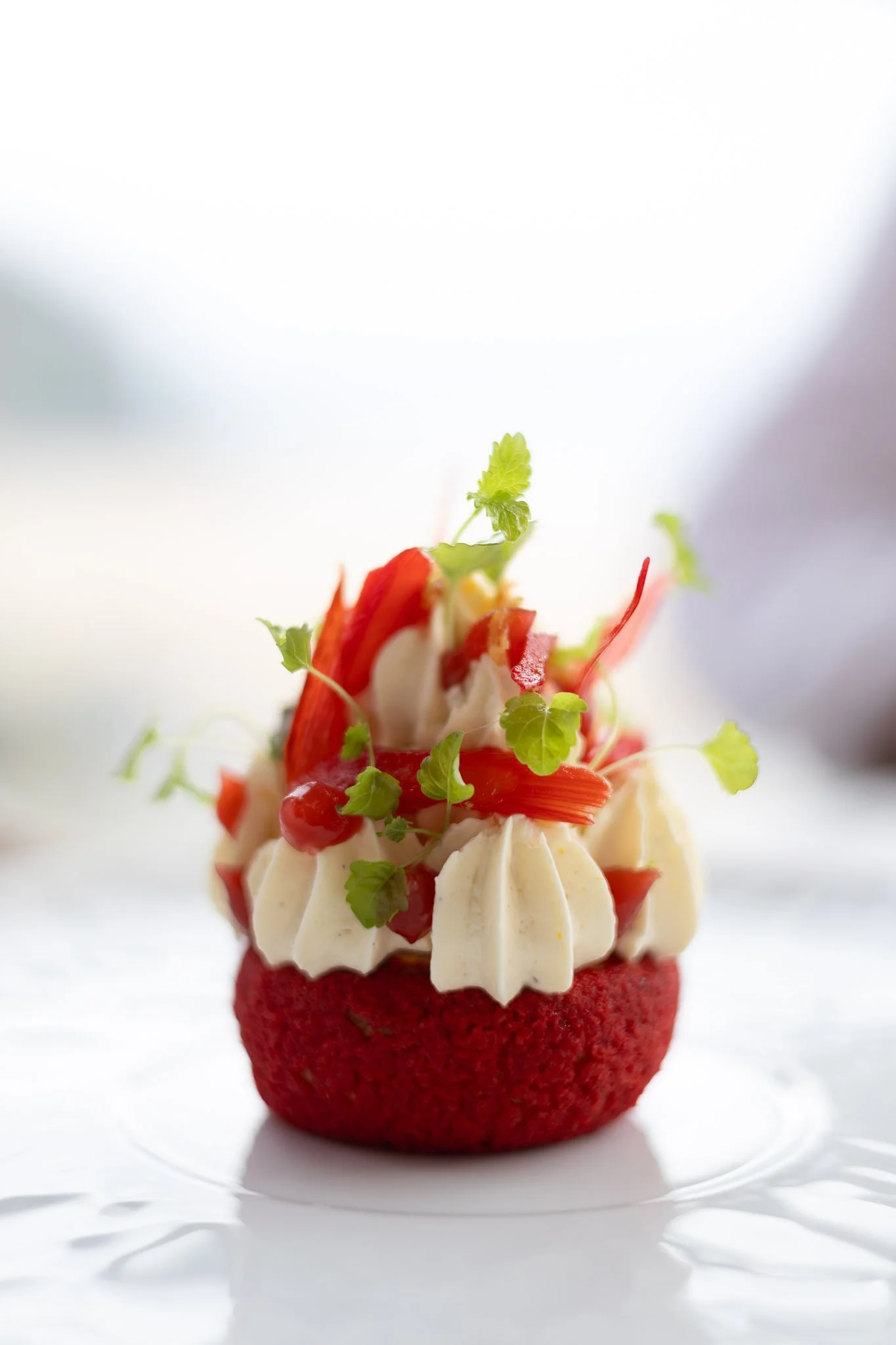 A dessert featuring a red base topped with white cream, red fruit, and green leaves, arranged artistically.