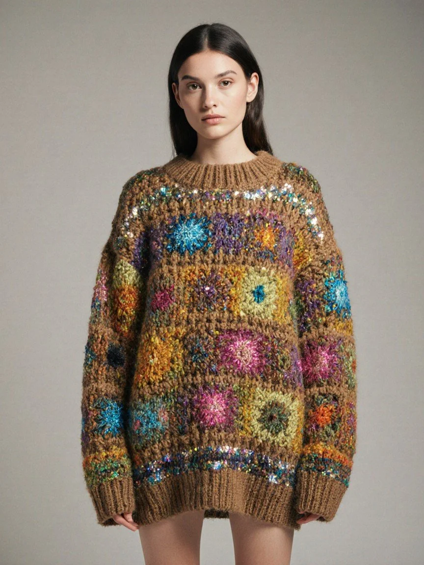 A young woman with long dark hair wearing a colorful, knitted sweater with floral and geometric patterns, standing against a plain background.