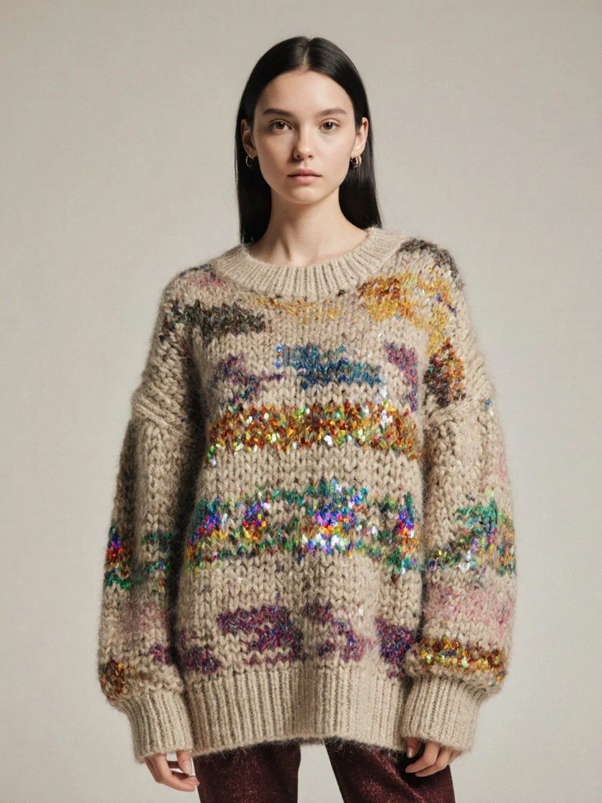A young woman with long dark hair and hoop earrings wearing a chunky multicolored sweater with sequins and pink velvet pants, standing against a plain background.