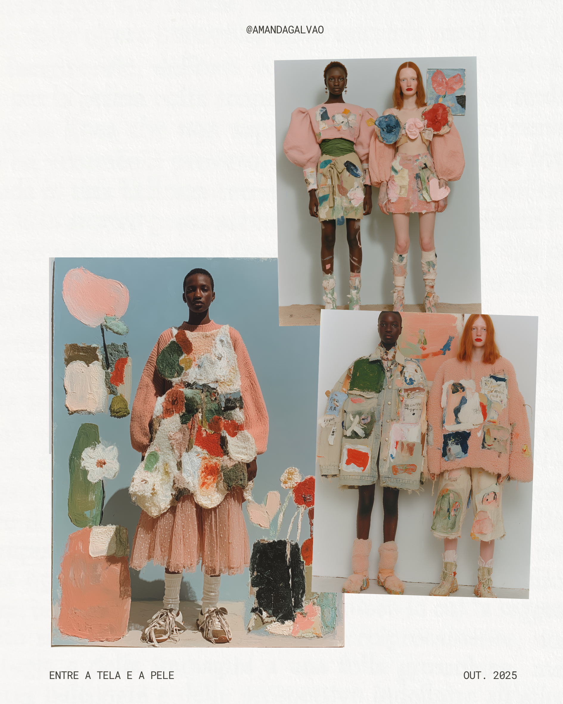 Three models wearing colorful, textured, artistic fashion with floral and abstract patterns, standing against plain backgrounds, showcasing a creative, abstract art-inspired clothing collection.