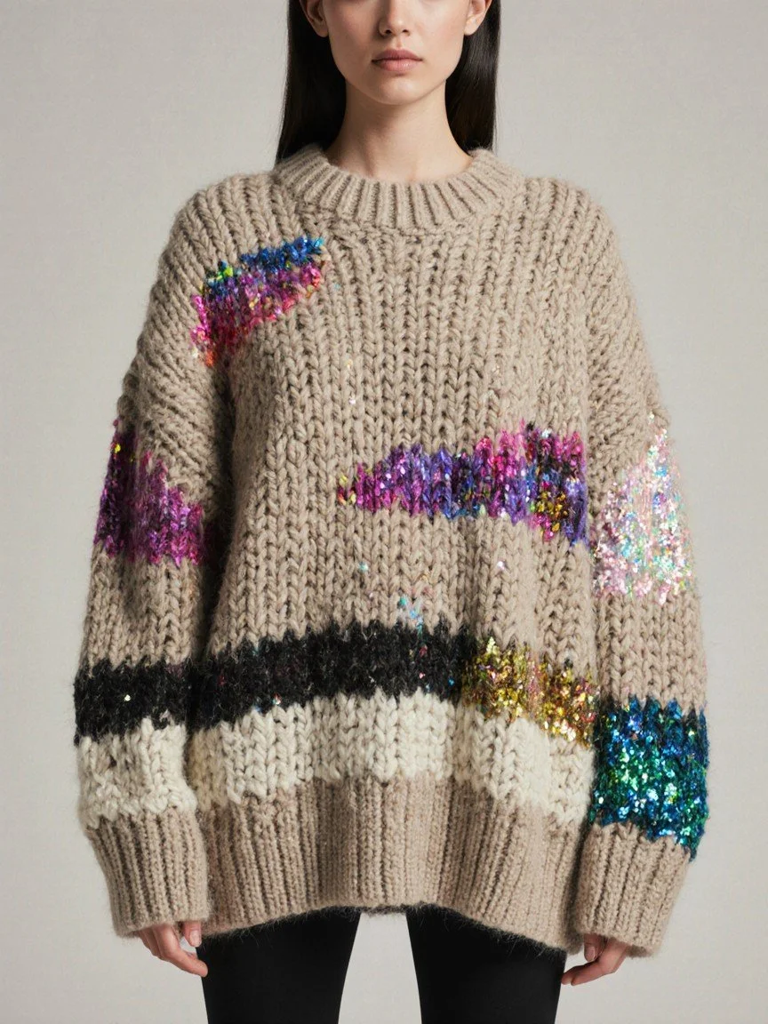 A woman is wearing a beige, chunky knit sweater with colorful sequined patches in various shapes and colors, including pink, purple, blue, green, gold, and black, arranged in abstract patterns.