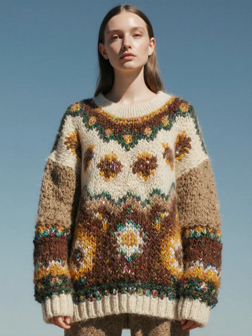 A young woman with long brown hair wearing a patterned sweater standing against a clear blue sky.