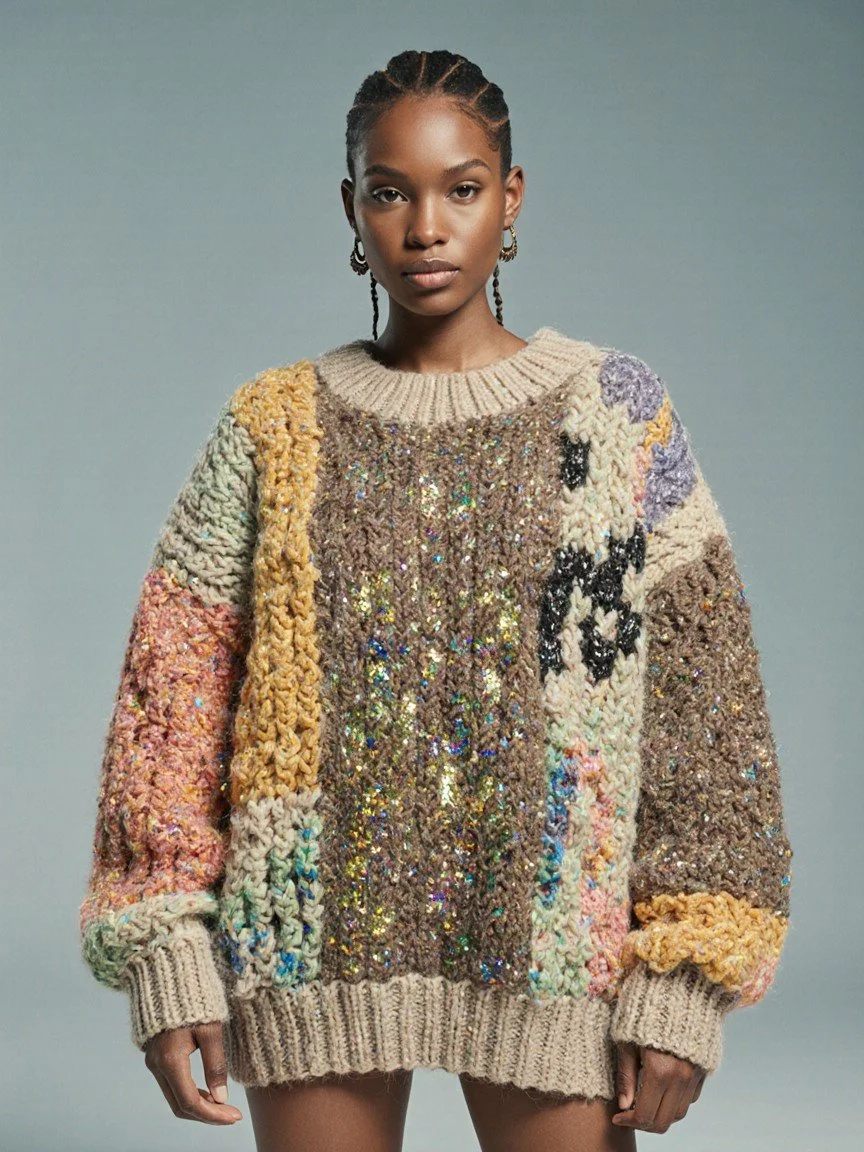 Young woman wearing a chunky, multicolored knitted sweater with sequins, standing against a plain background.