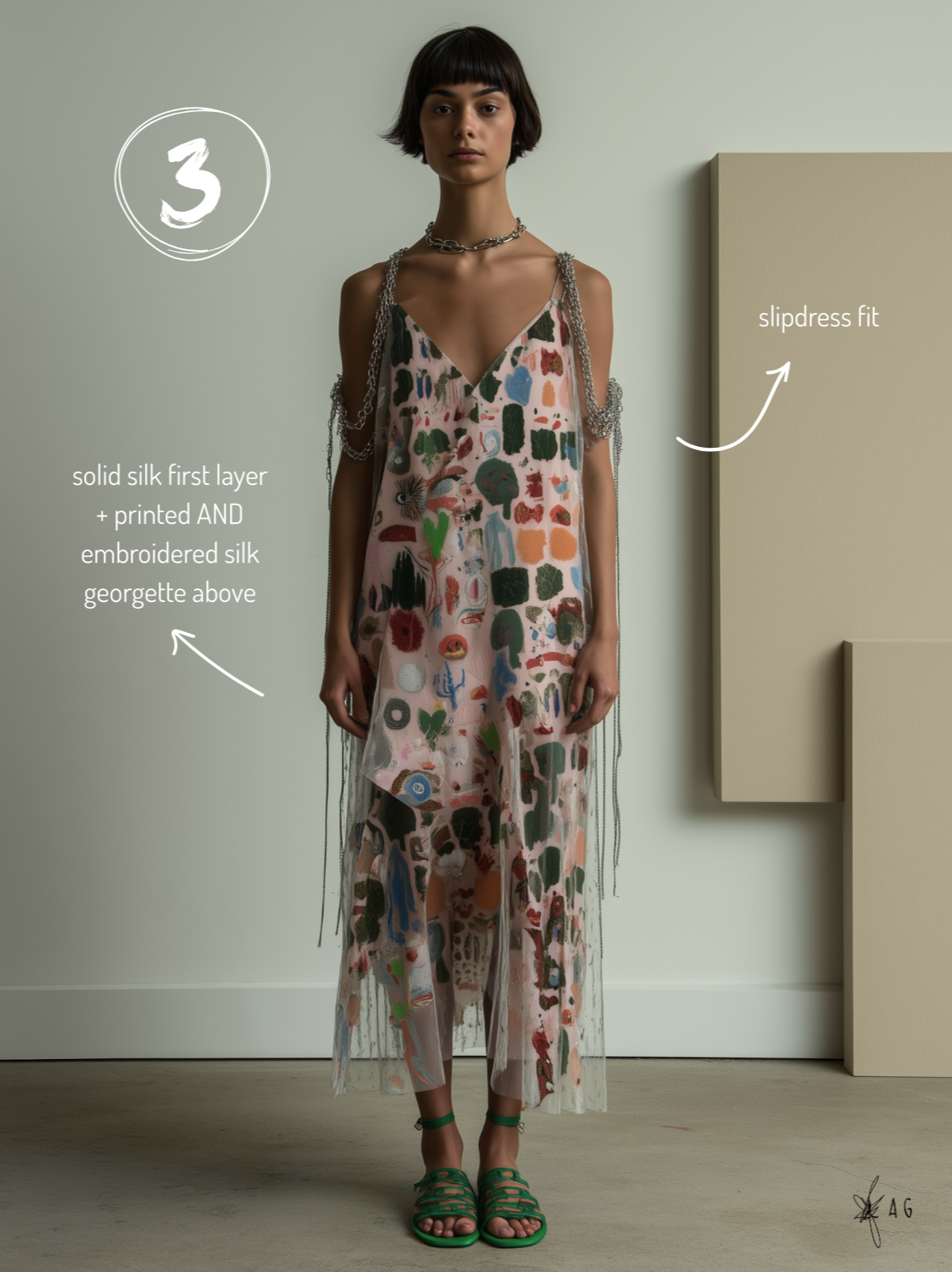 A woman standing in front of a plain wall, wearing a layered dress with printed and embroidered silk, with a solid silk first layer and embroidered georgette above, and slipdress fit. She has short dark hair, a chunky necklace, and green sandals.