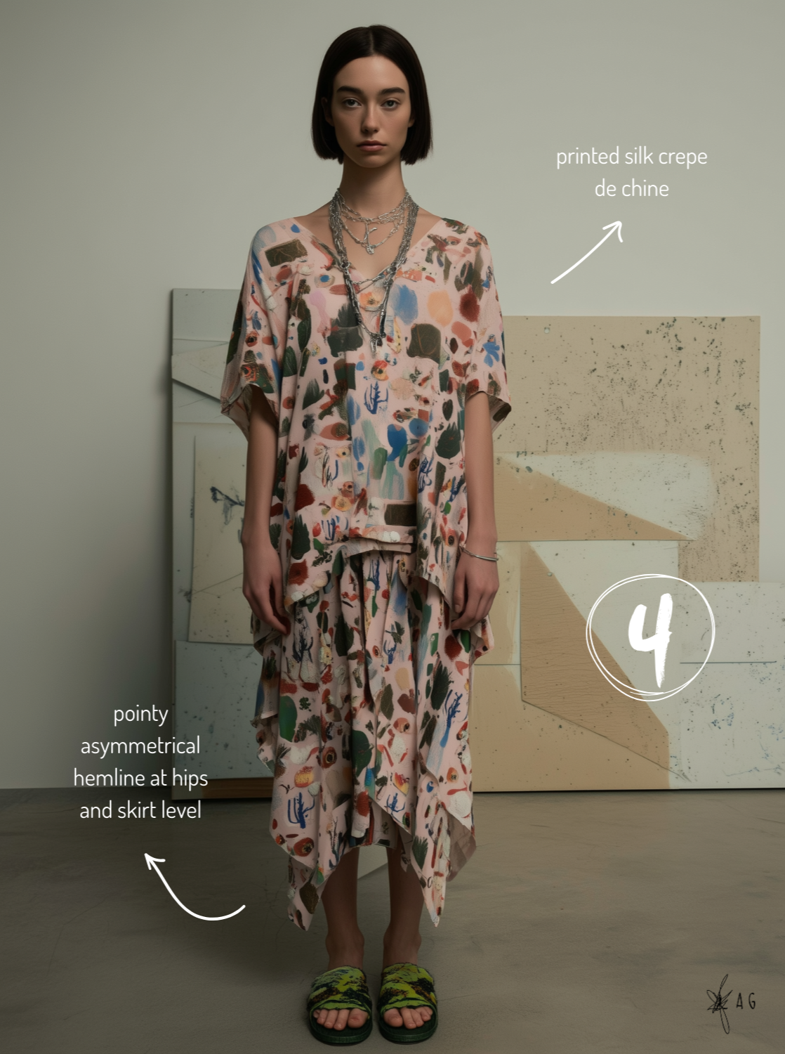 A young woman with dark hair wearing printed silk crepe de chine, layered necklaces, standing in an art studio with abstract paintings in the background. She has pointed asymmetrical hemline at hips and skirt level, and is wearing green slide sandals