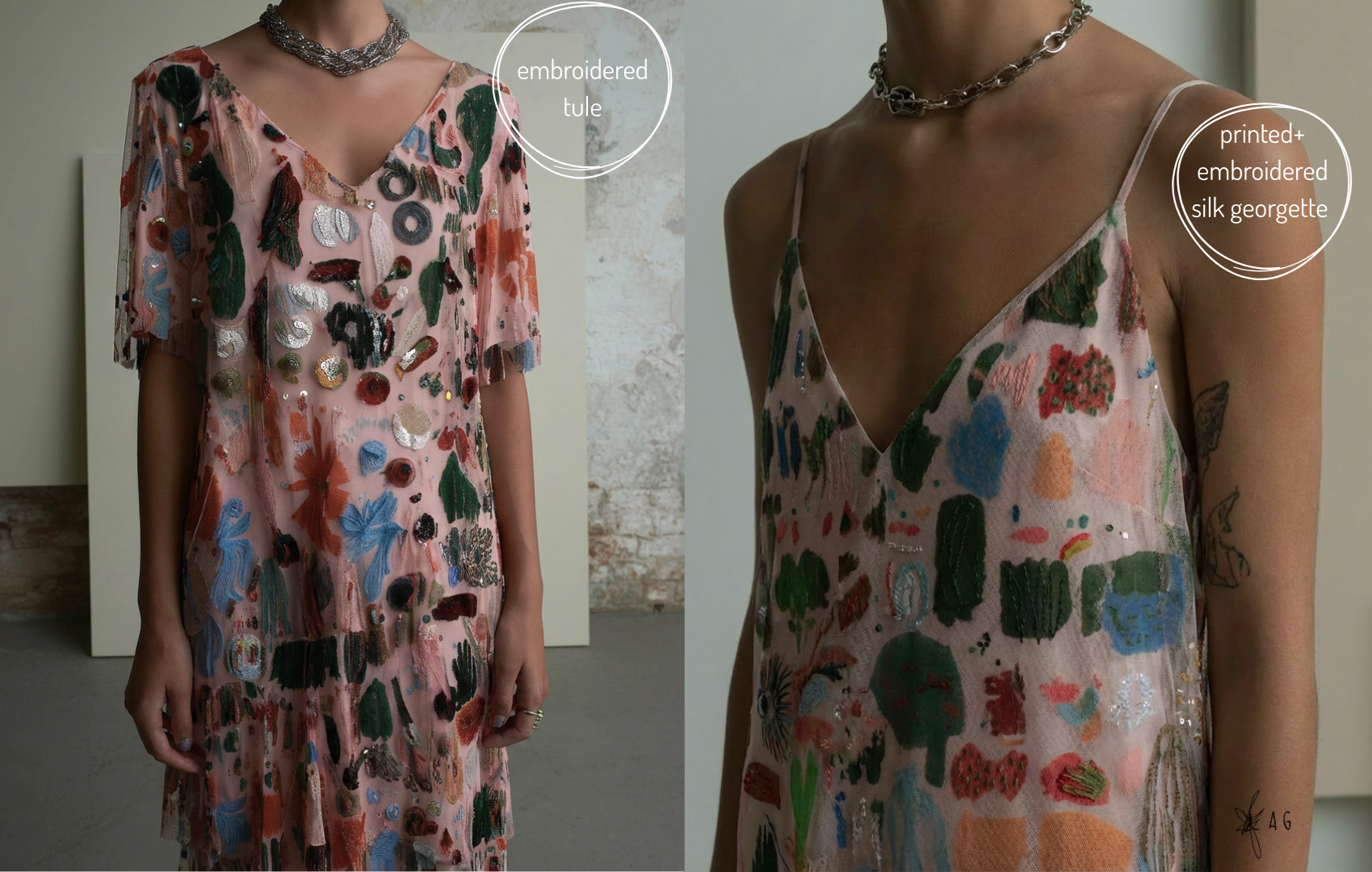 Two people wearing embroidered dresses; the left person has a dress with embroidered tulle and a chunky chain necklace, the right person has a silk georgette dress with printed embroidery and a similar chain necklace.