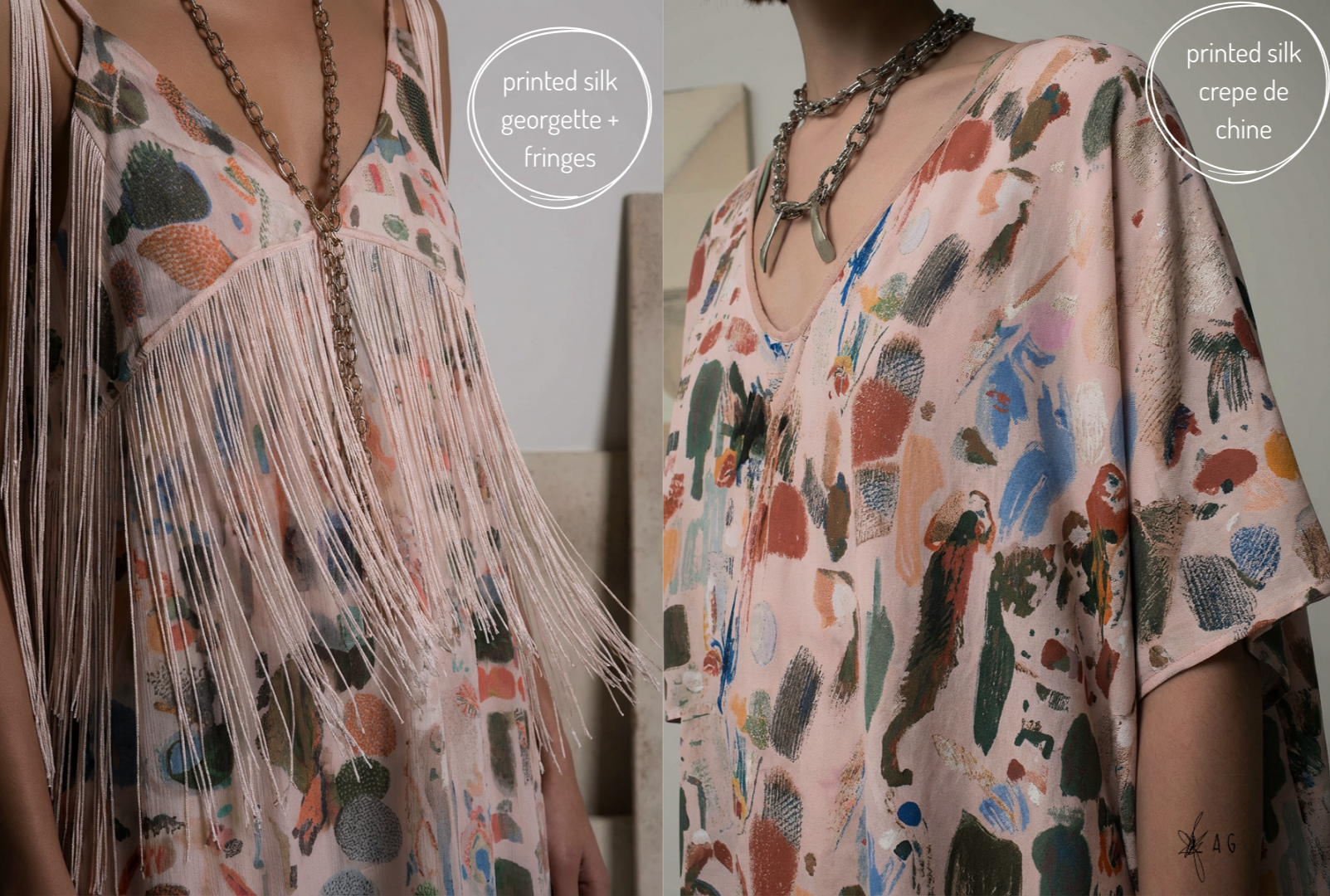Two women wearing printed silk garments with abstract and georgette fringes. The woman on the left wears a dress with fringes and a chunky chain necklace, while the woman on the right wears a silk crepe de Chine top with a necklace featuring black ho