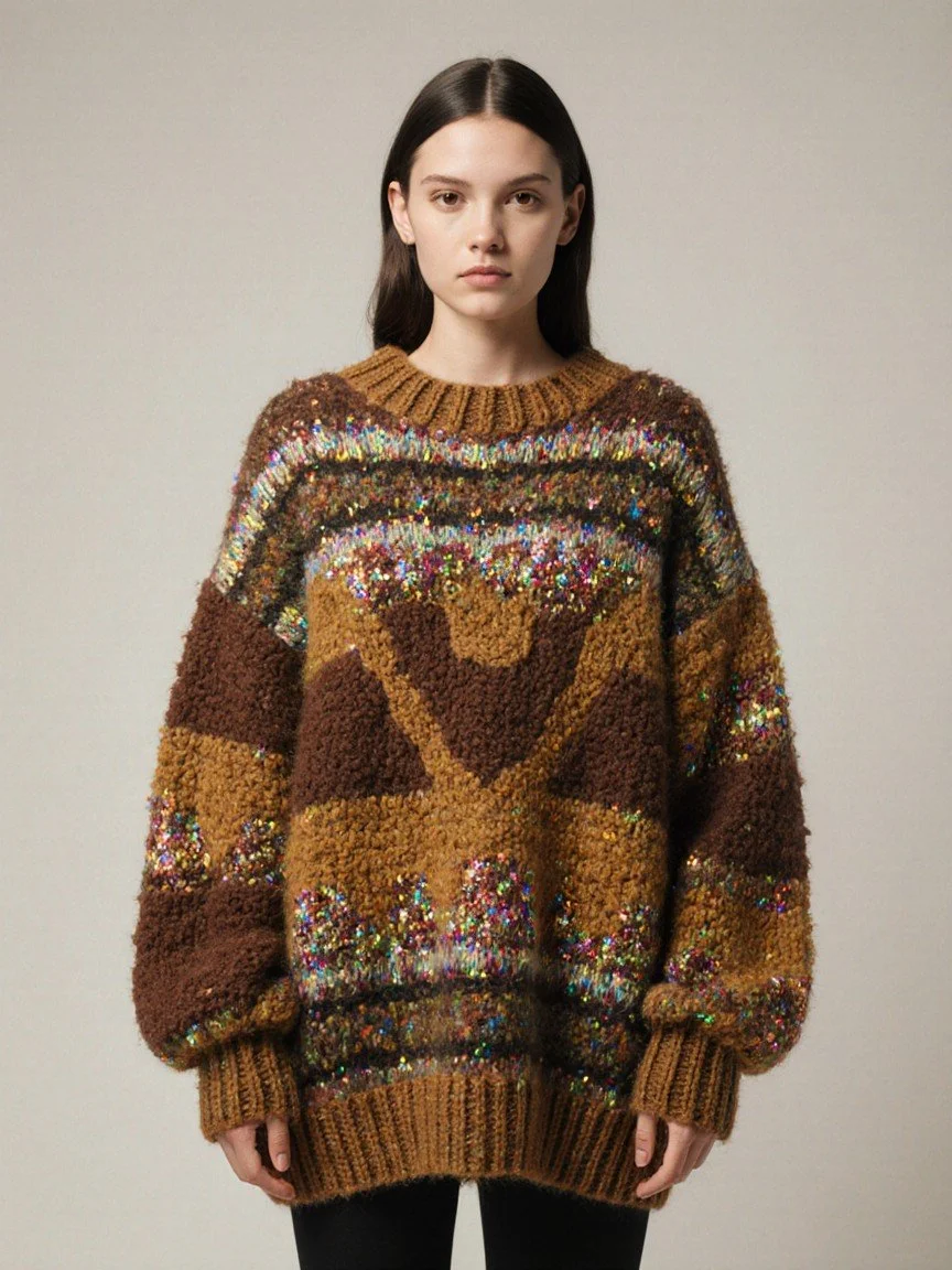 Young woman wearing a colorful, oversized knit sweater with multicolored sequins and brown and gold patterns, standing against a plain background.