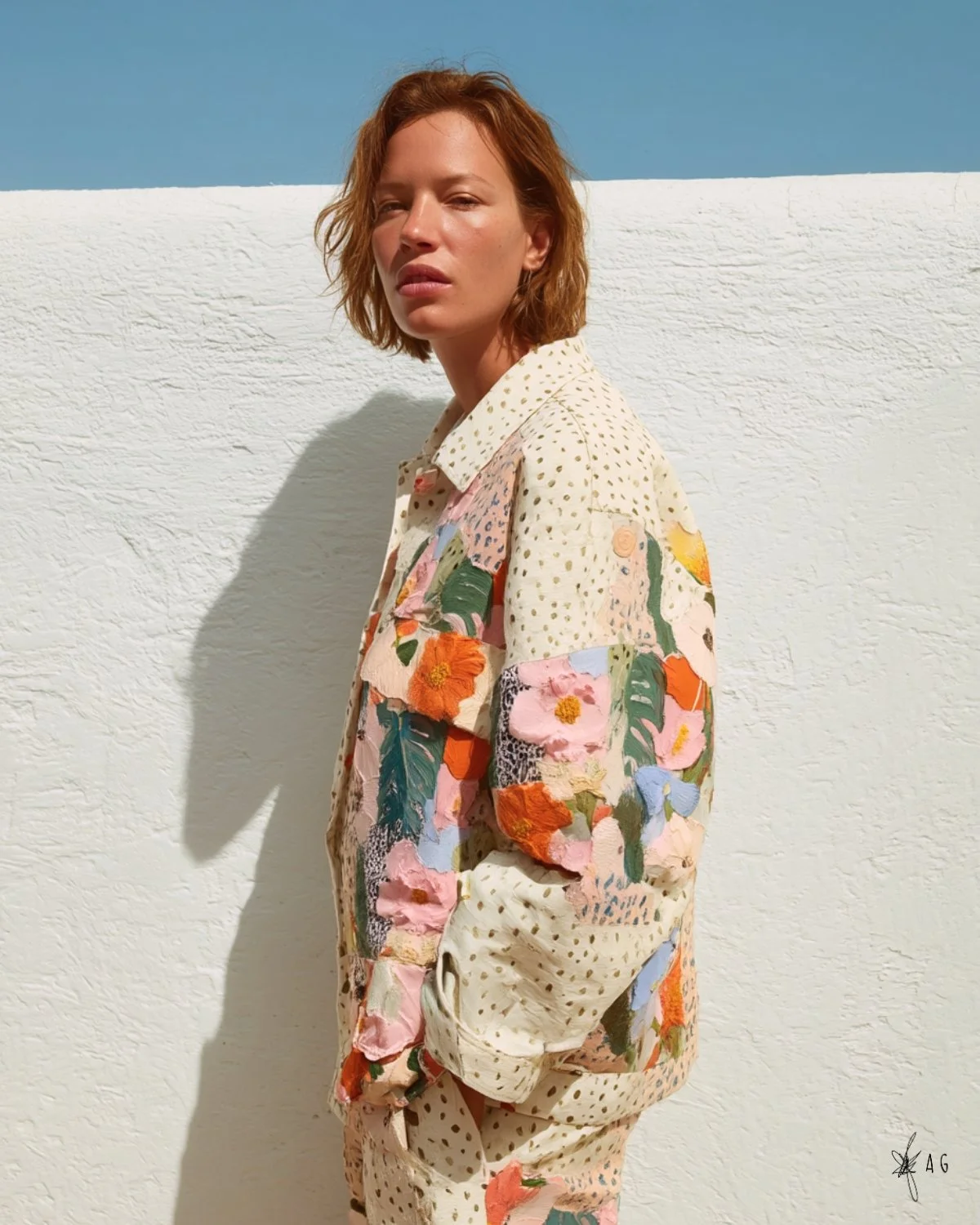 A woman with short, wavy red hair standing against a white wall with a blue sky background, wearing a colorful floral and polka-dot patterned jacket and matching pants.
